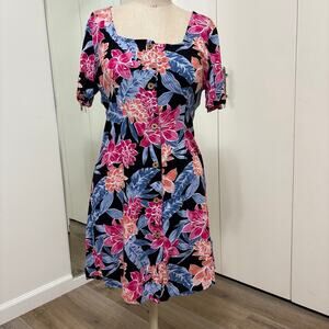 ROXY Woman's Pink Floral Print Square Neck Button Down Mini Dress Medium